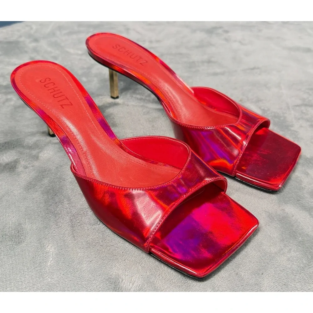 Schutz Sandals Womens 8B Red Holographic Square Toe Heels Slide
